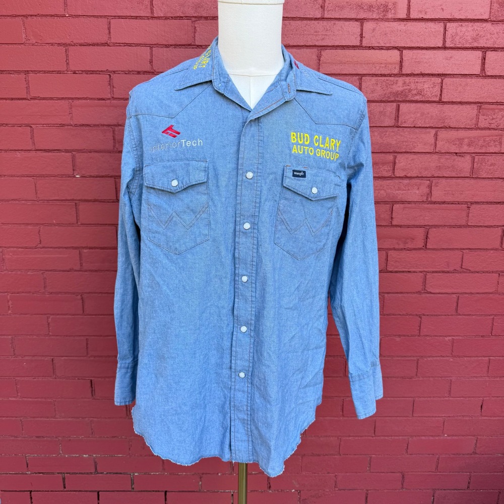 Vintage Wrangler‎ Western Denim Shirt Mens Large Bud Clary Auto Group Workwear